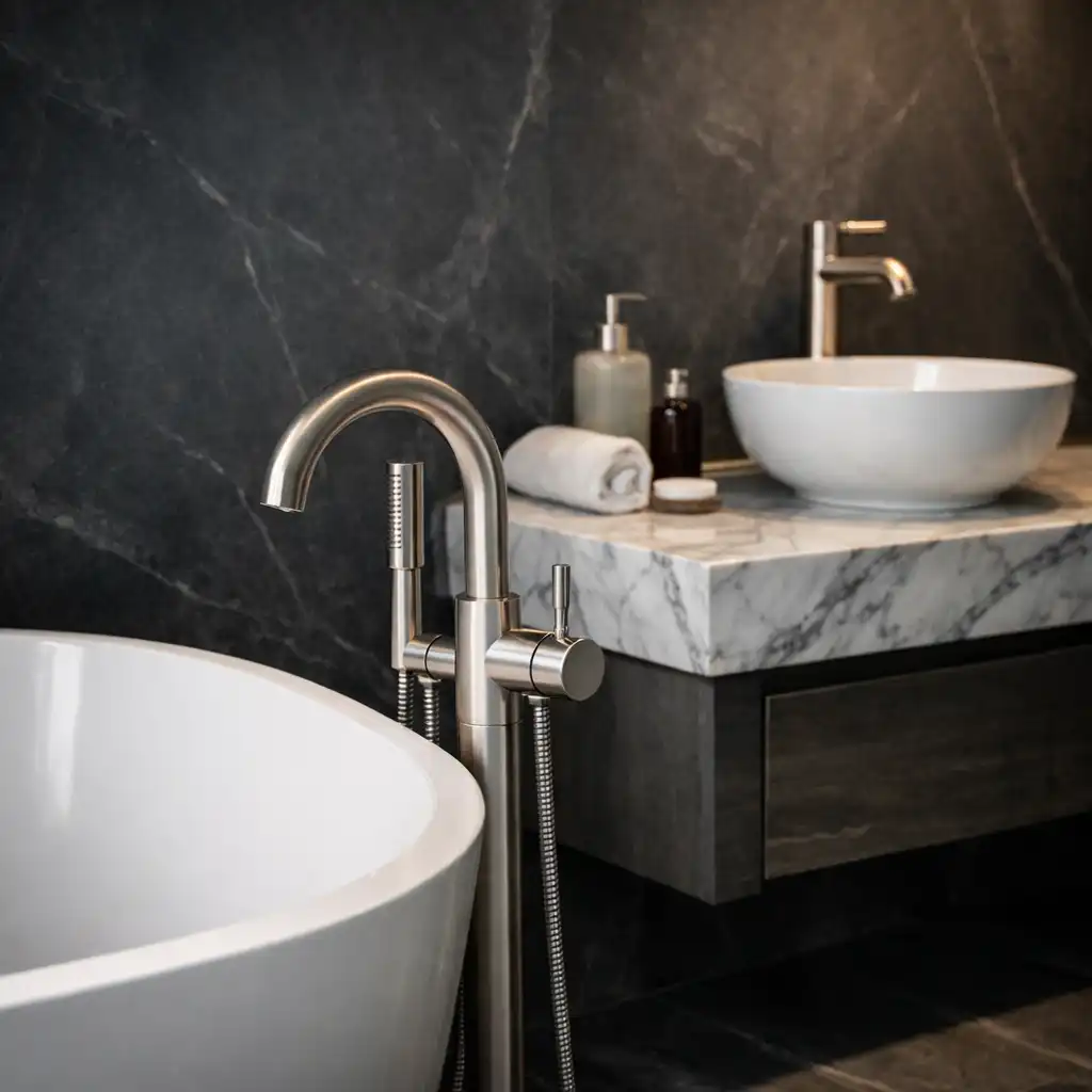 Freestanding white bathtub with marble vanity and brushed platinum fixtures
