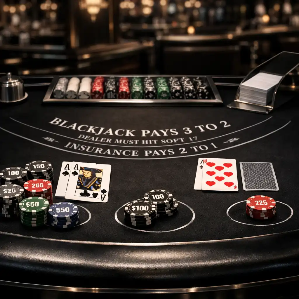 Card table set for blackjack with cards and chips in a luxurious casino interior