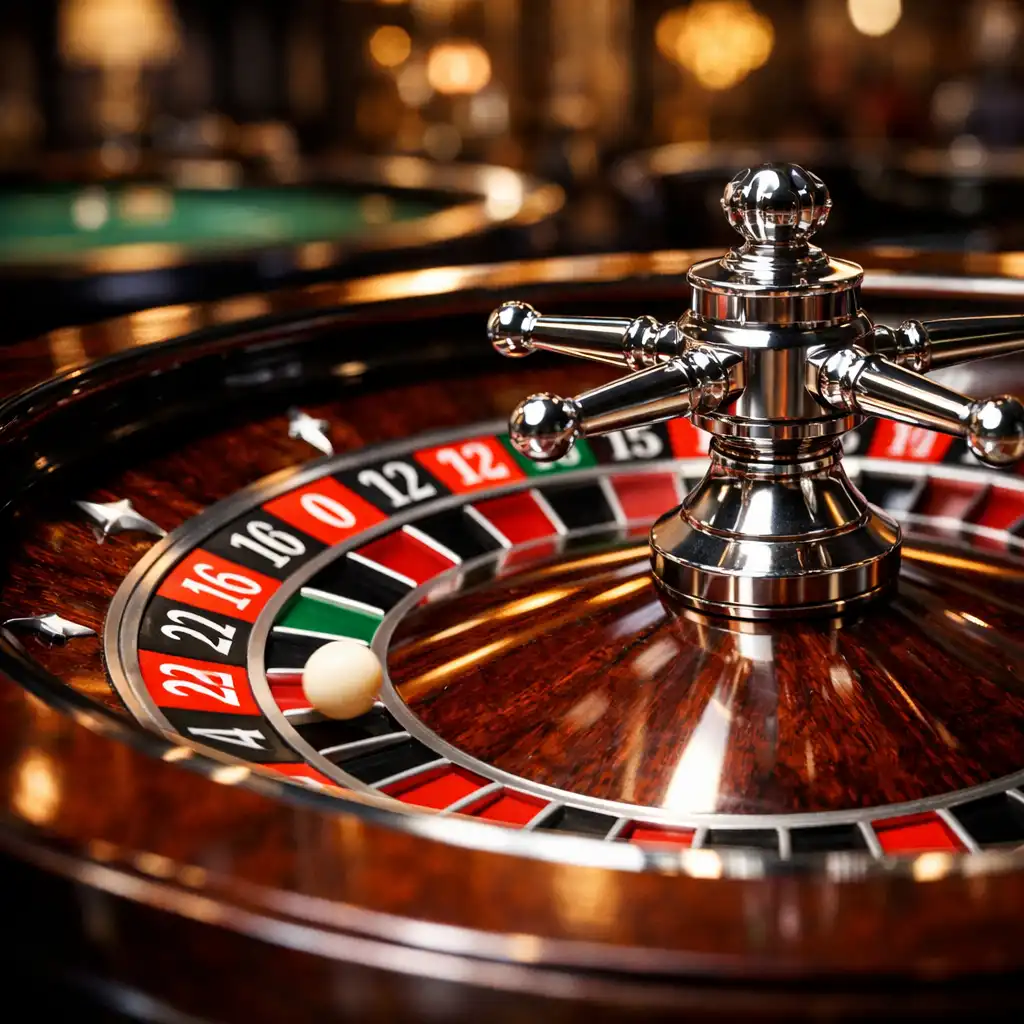 Close-up of a roulette wheel with dramatic lighting on the casino floor