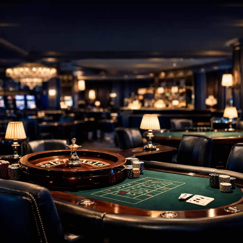 Luxurious casino floor at Midnightstackresort with roulette and card tables under ambient lighting