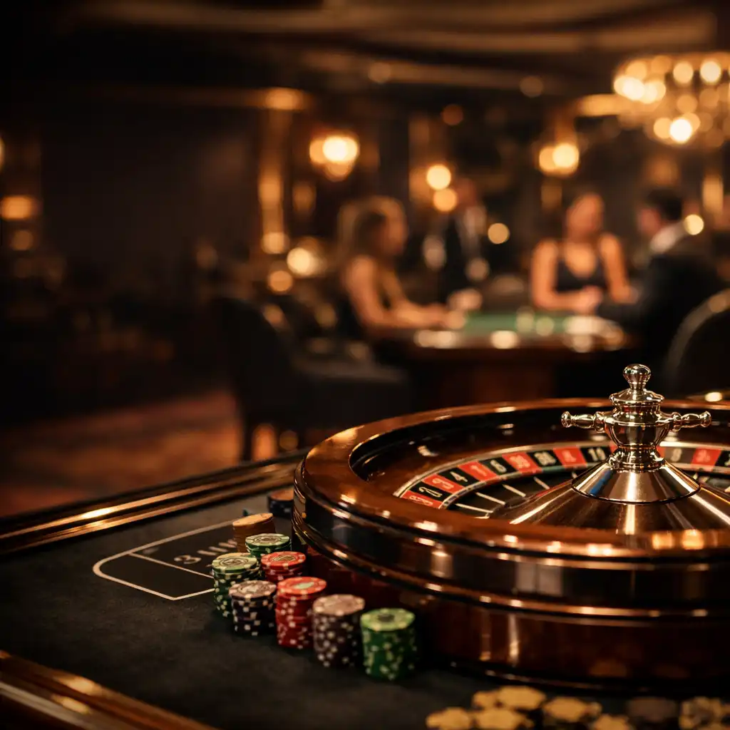 Elegant casino floor with roulette and card tables, dark wood and felt surfaces, and warm spotlights