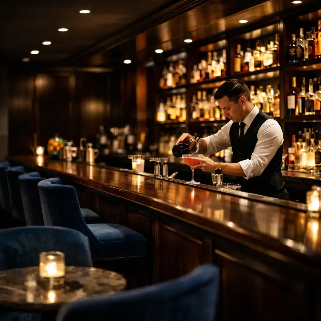 Sophisticated cocktail lounge with dark wood bar and backlit shelves