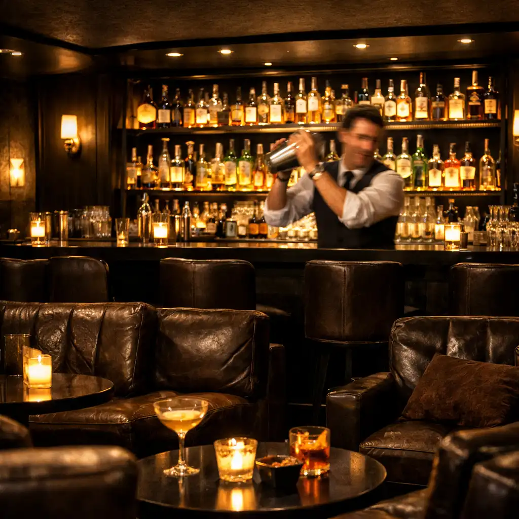 Intimate craft cocktail lounge with dark leather seating and a backlit bar