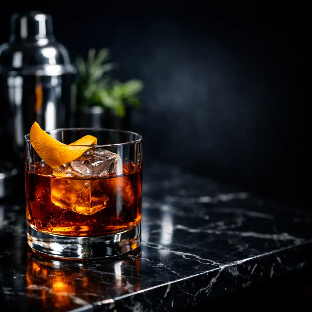Close-up of a craft cocktail on a dark marble bar with a platinum cocktail shaker and fresh herbs