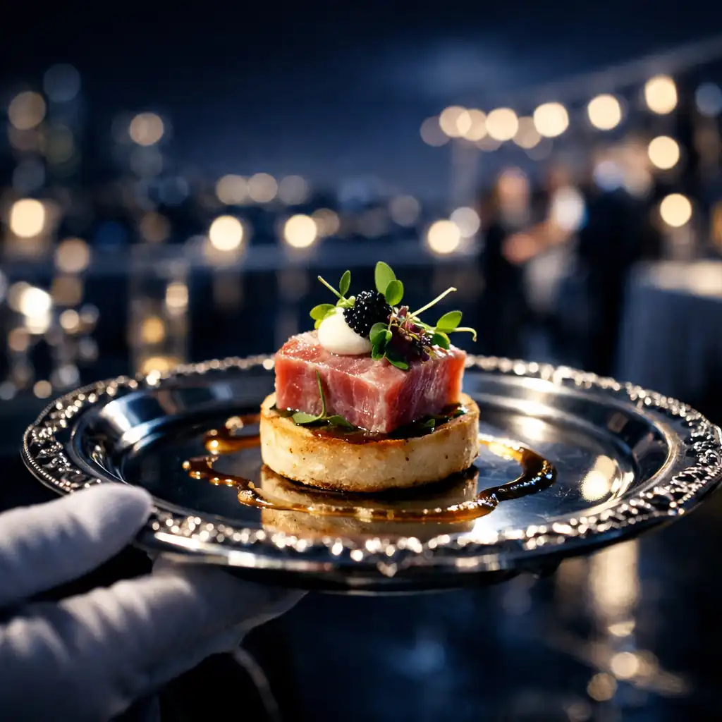Elegant canapé served on a silver tray at a rooftop event