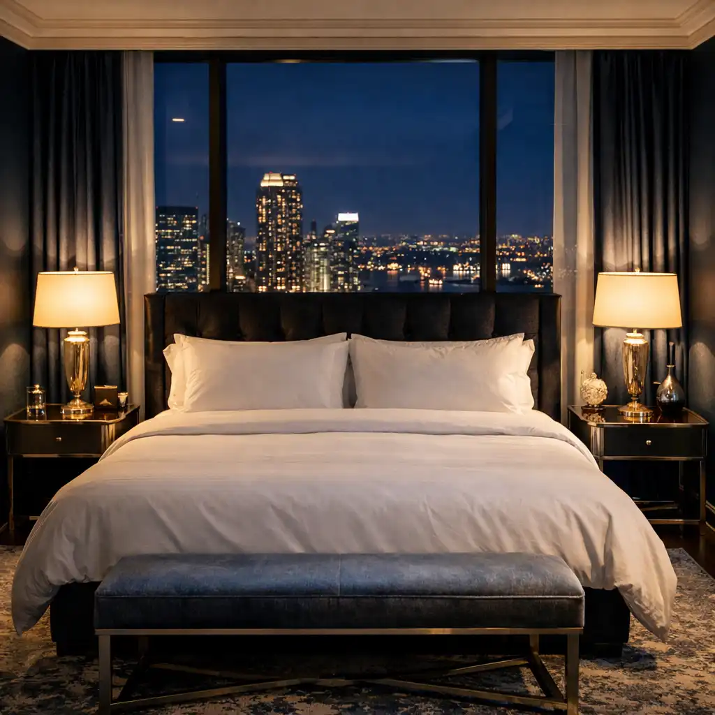 Deluxe suite with king bed and floor-to-ceiling windows overlooking city lights