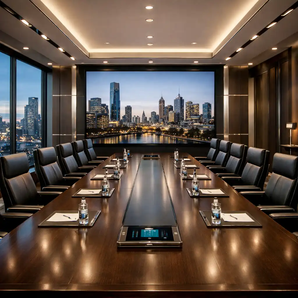 Executive Boardroom with long table, leather chairs, and Melbourne skyline through floor-to-ceiling windows