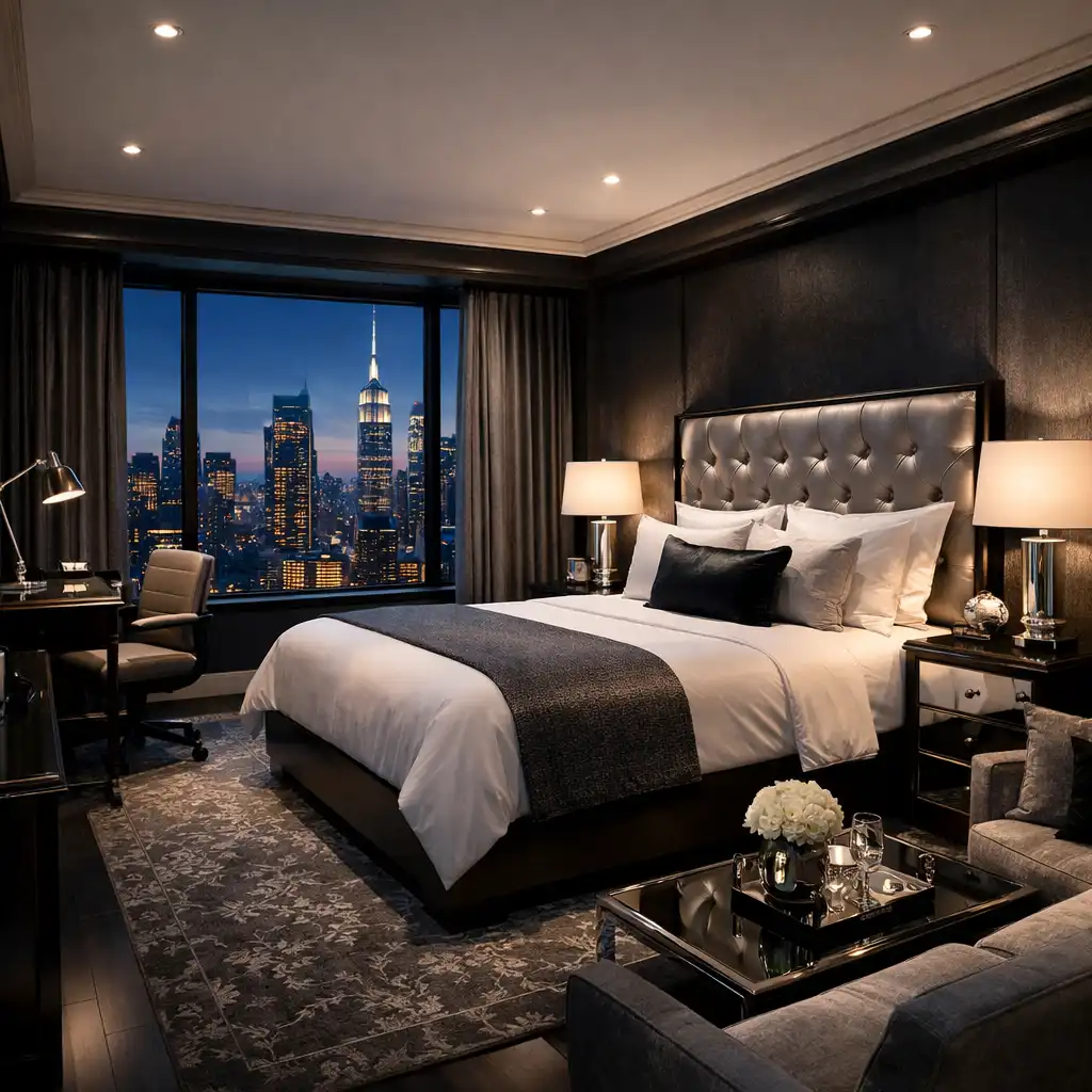 Executive Skyline Suite with king bed and city view at dusk