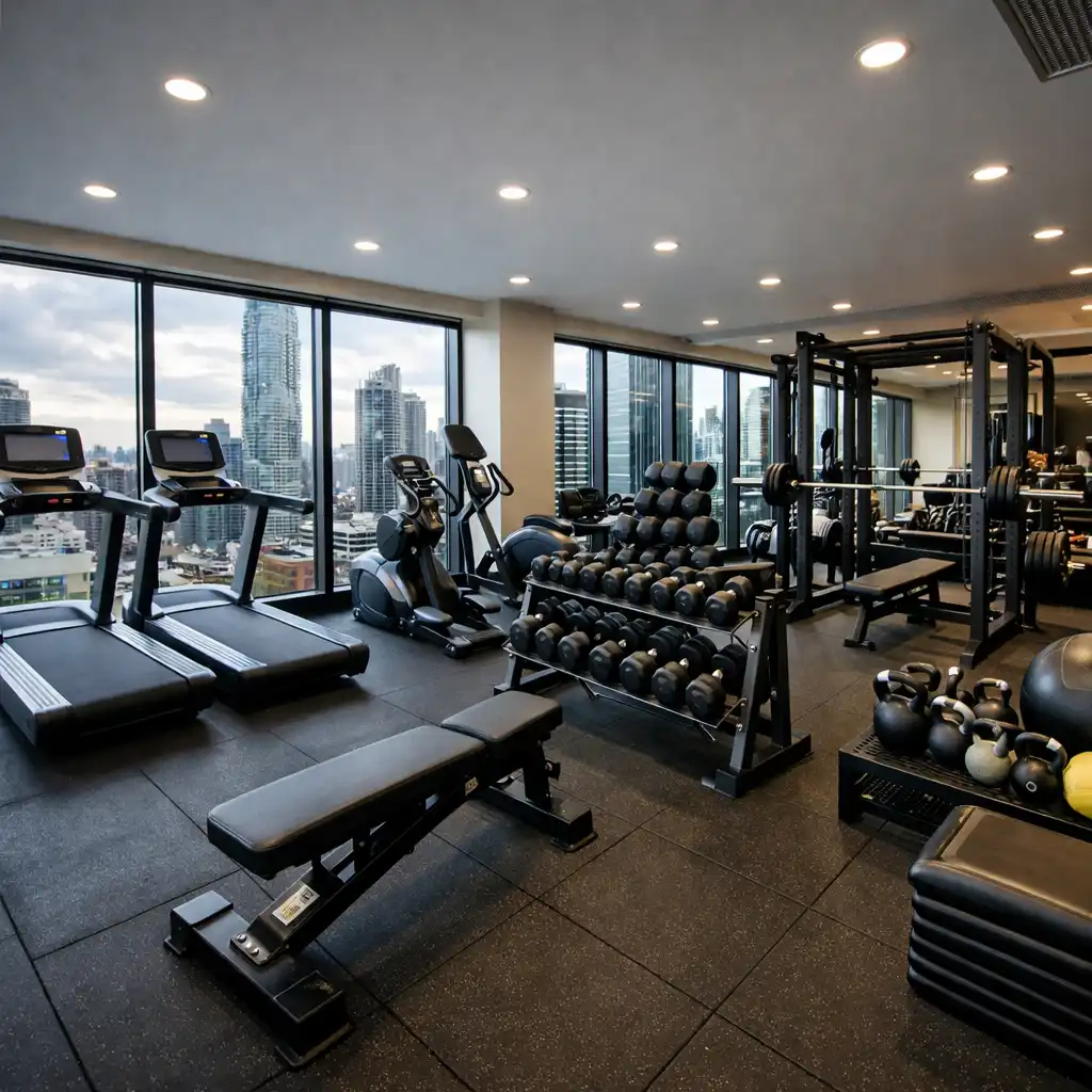 Modern fitness area with state-of-the-art equipment and city views