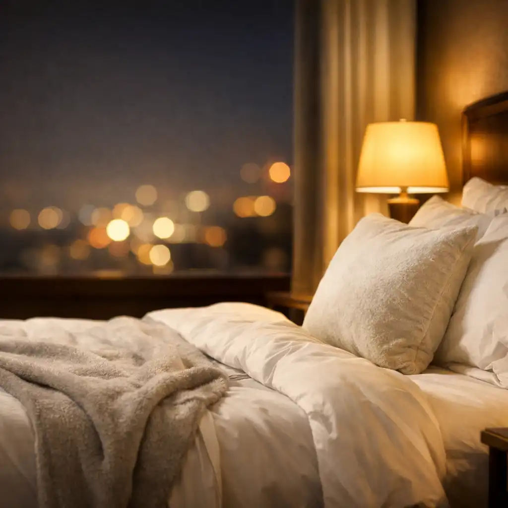 Plush hotel bed with premium linens and warm bedside lighting