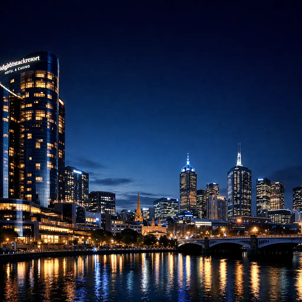 Panoramic night view of the Melbourne skyline from Southbank with the illuminated Midnightstackresort Hotel & Casino tower in the foreground