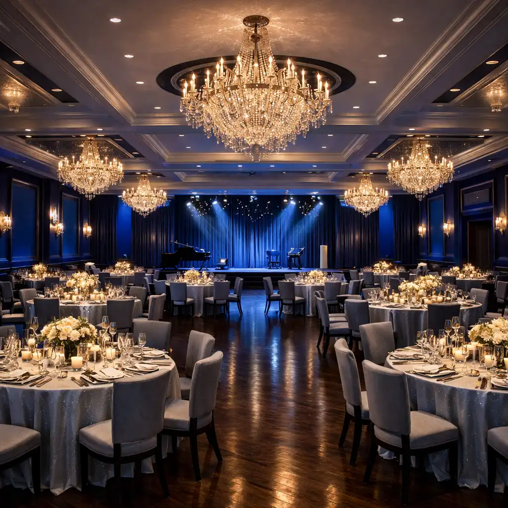 Onyx Ballroom with midnight-blue walls, crystal chandeliers, and round tables set for a gala