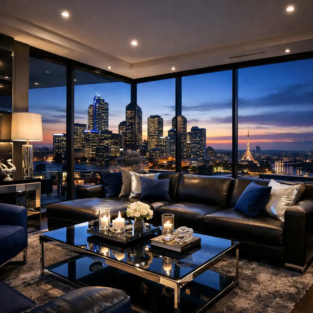 Penthouse living area with dark leather sofa and panoramic window wall at dusk
