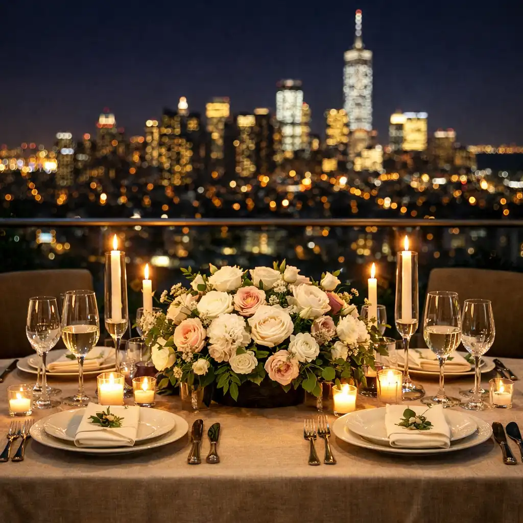 Sit-down restaurant table set with glassware in the rooftop dining room