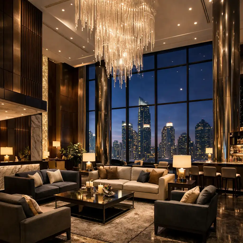 Interior of a luxury resort lobby with high ceilings and floor-to-ceiling windows