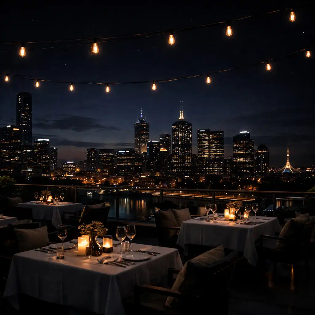 On-site rooftop restaurant dining room at Midnightstackresort with panoramic Melbourne skyline views at dusk