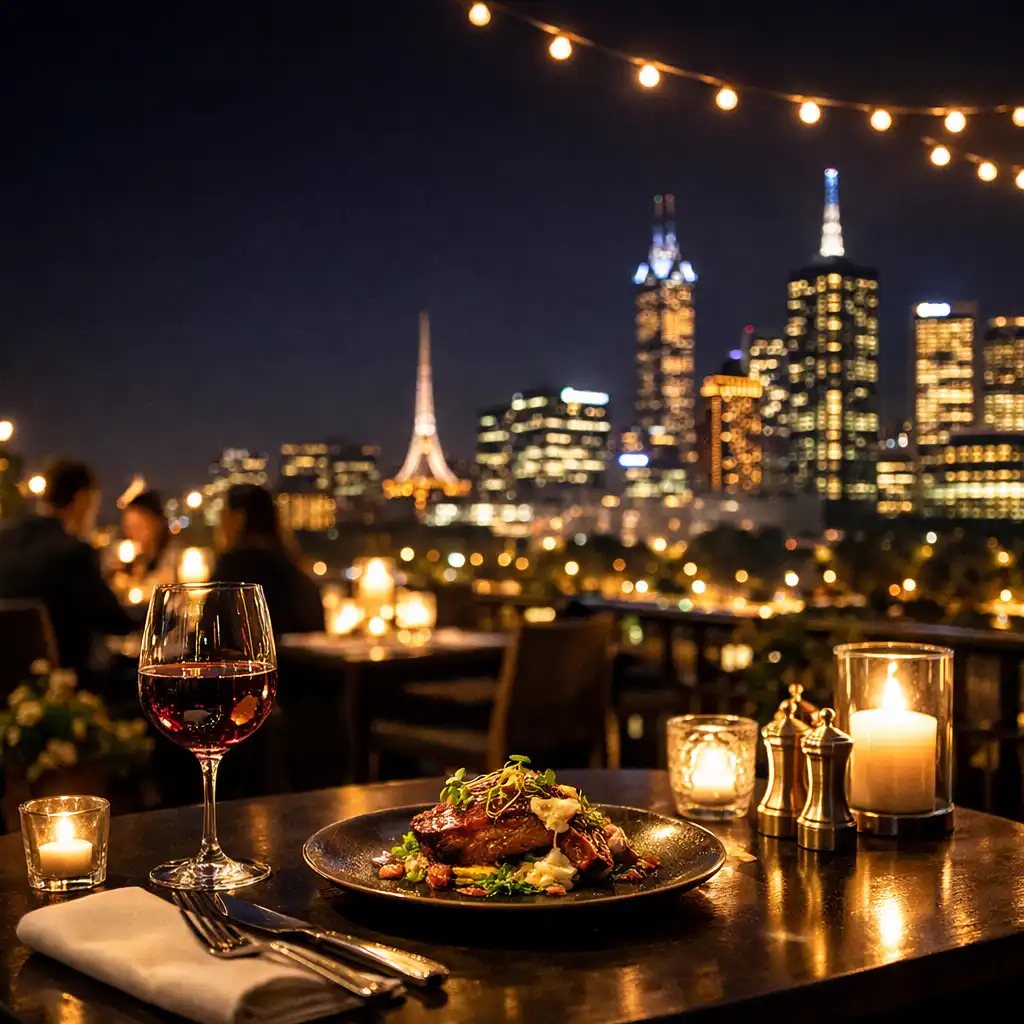 Rooftop restaurant dining room at night with sit-down table settings, candlelight, and a view of the Melbourne skyline