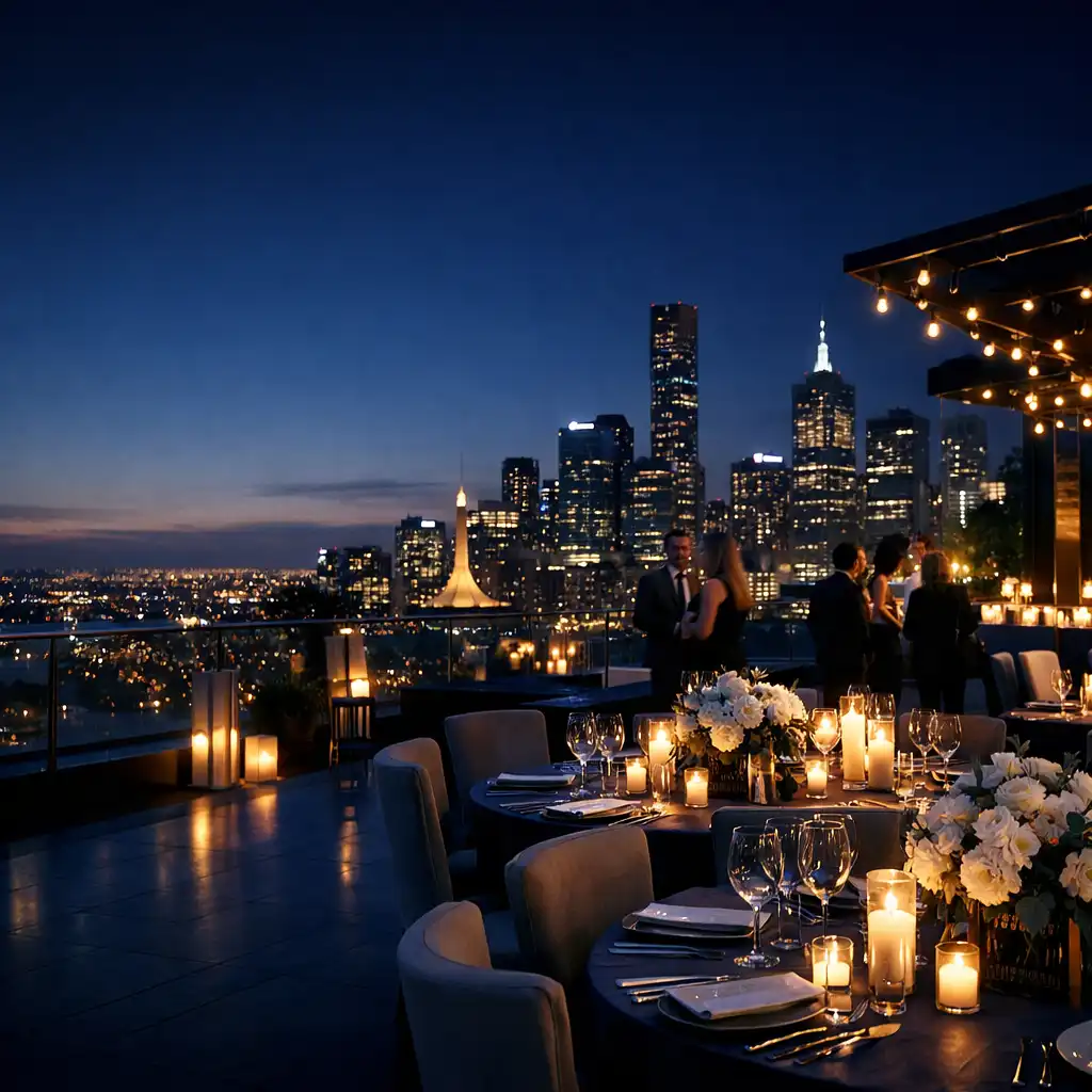 Rooftop event space at Midnightstackresort with Melbourne skyline views at dusk