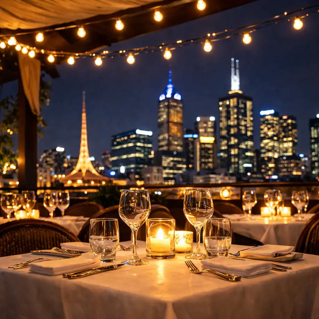 Rooftop restaurant dining room with sit-down tables, linens, and Melbourne skyline lights