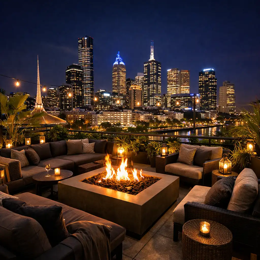 Rooftop terrace at night with fire pit, lounge seating, and panoramic skyline
