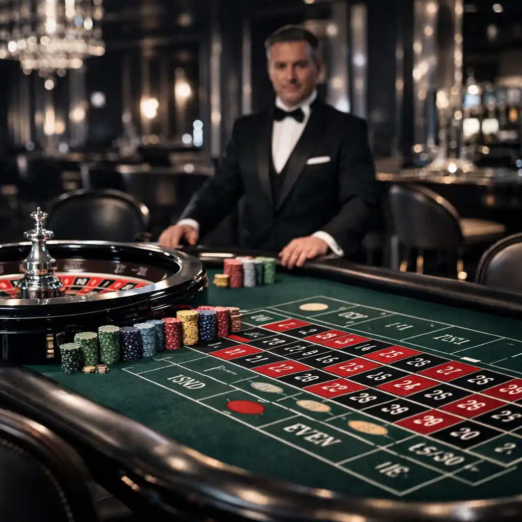 Wide view of a premium roulette table with a professional croupier in an upscale casino