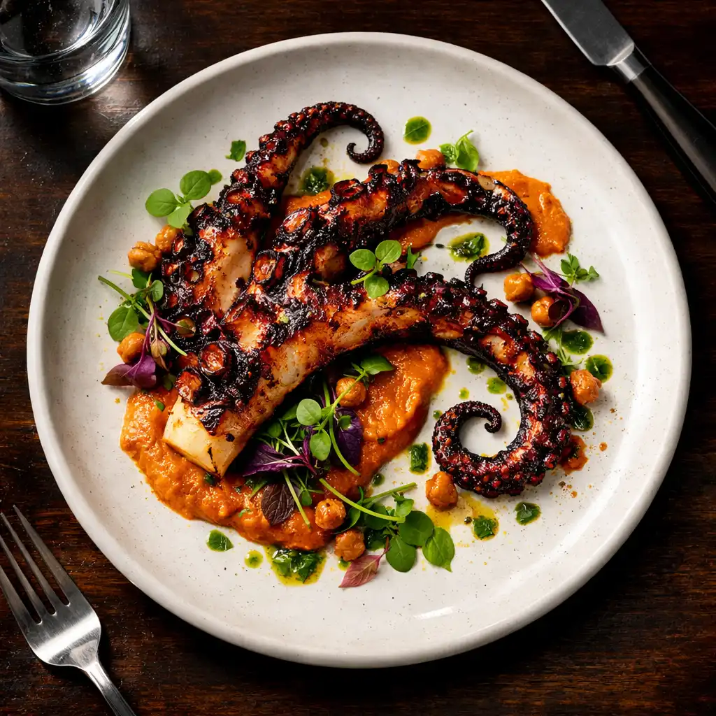 Charred octopus with romesco sauce and micro herbs