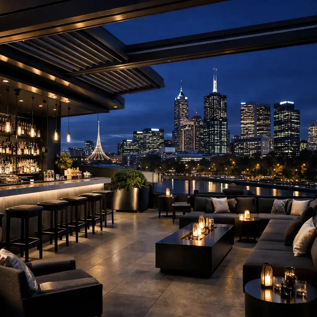 Skyline Rooftop terrace at night with Melbourne skyline and Yarra River views