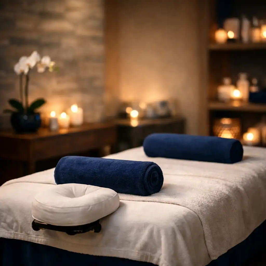Serene spa treatment room with massage table and soft lighting