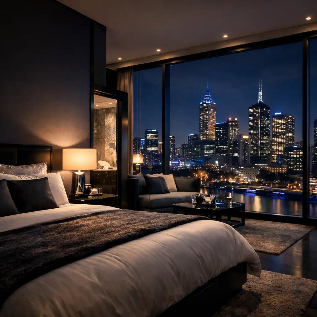 Luxury hotel suite interior with floor-to-ceiling windows overlooking the Melbourne skyline, king-size bed, and marble bathroom