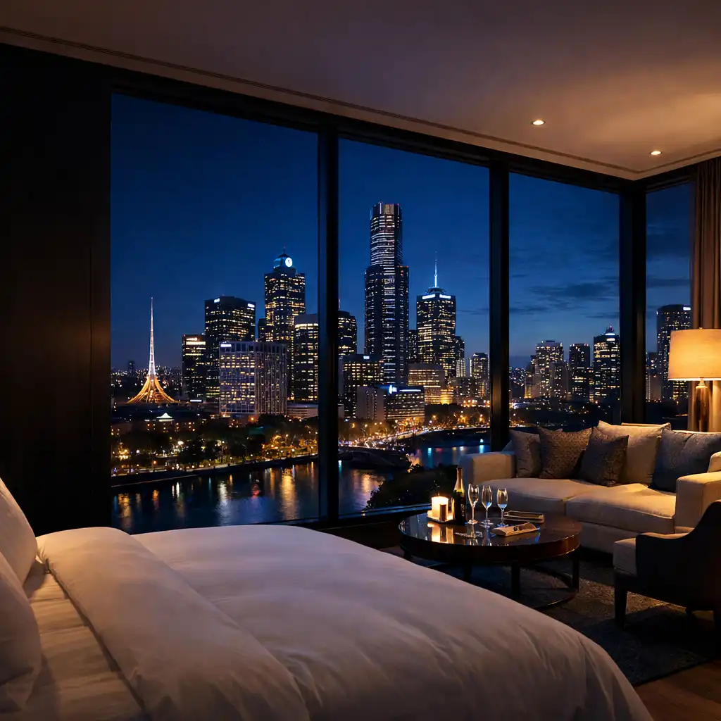 Panoramic skyline suite with floor-to-ceiling windows overlooking Melbourne at night