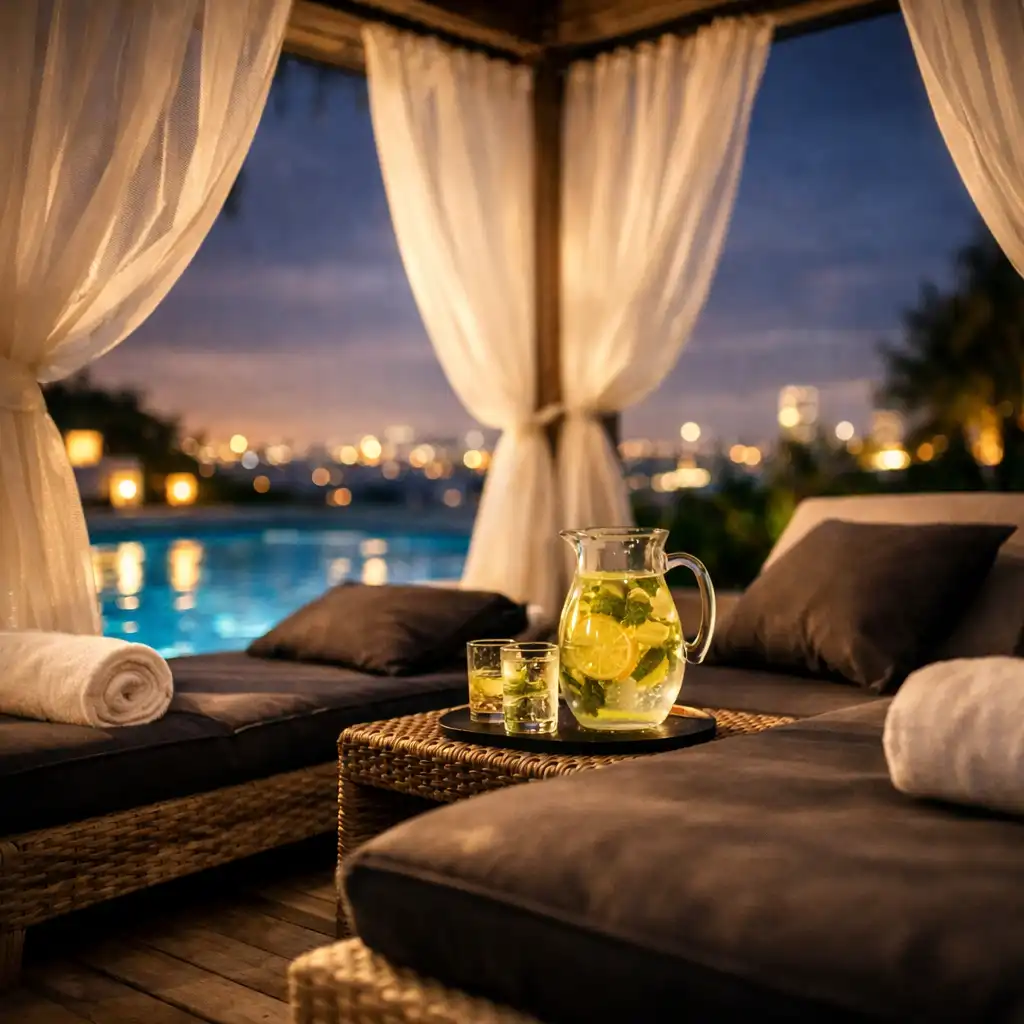 Private poolside cabana with sheer white curtains, plush loungers, and a small table with infused water