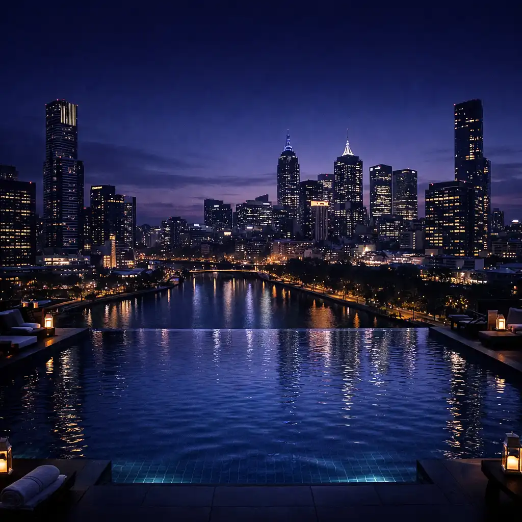 Infinity pool at dusk with the Melbourne skyline and Yarra River in the background