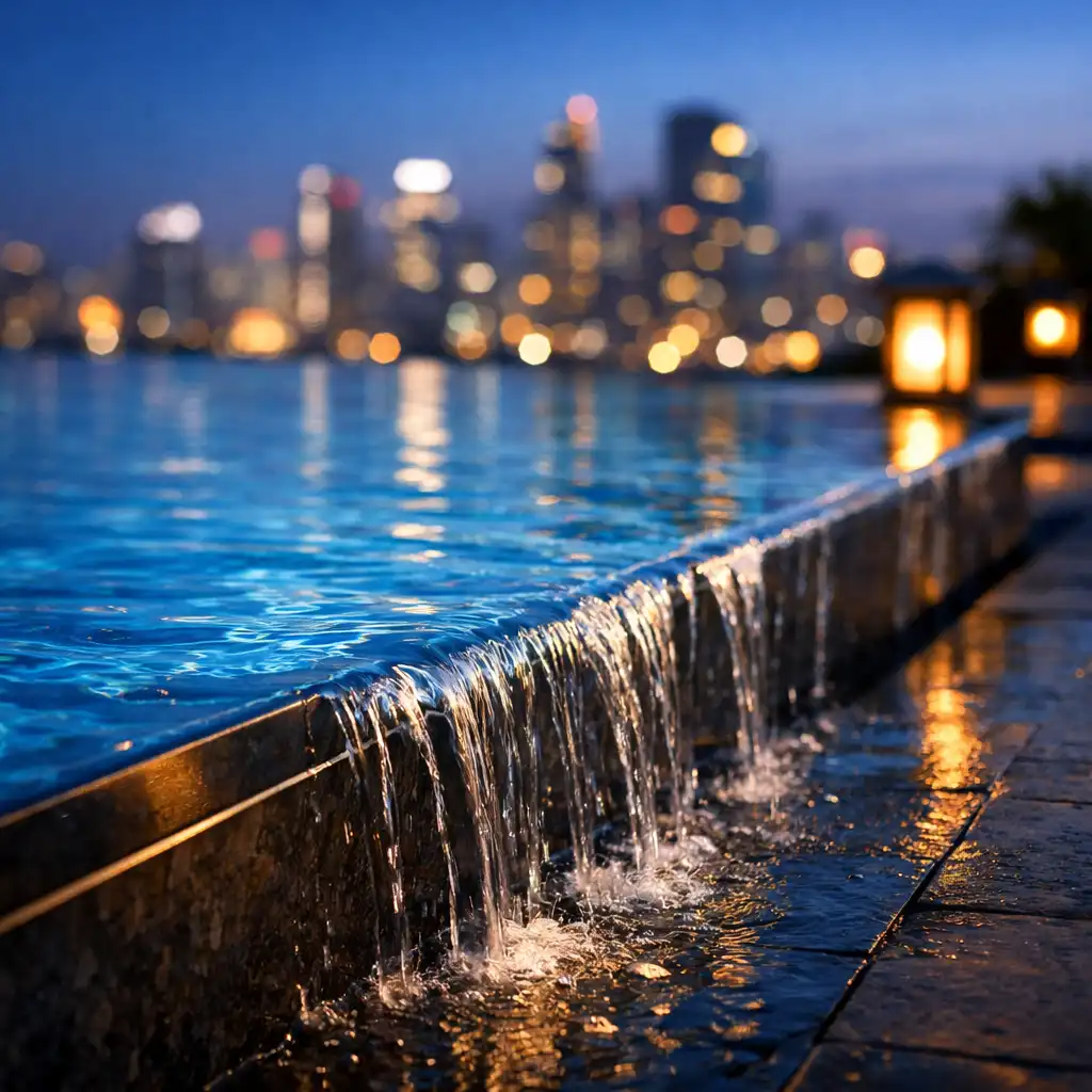 Close view of the infinity pool edge with water flowing over and the city skyline in soft focus