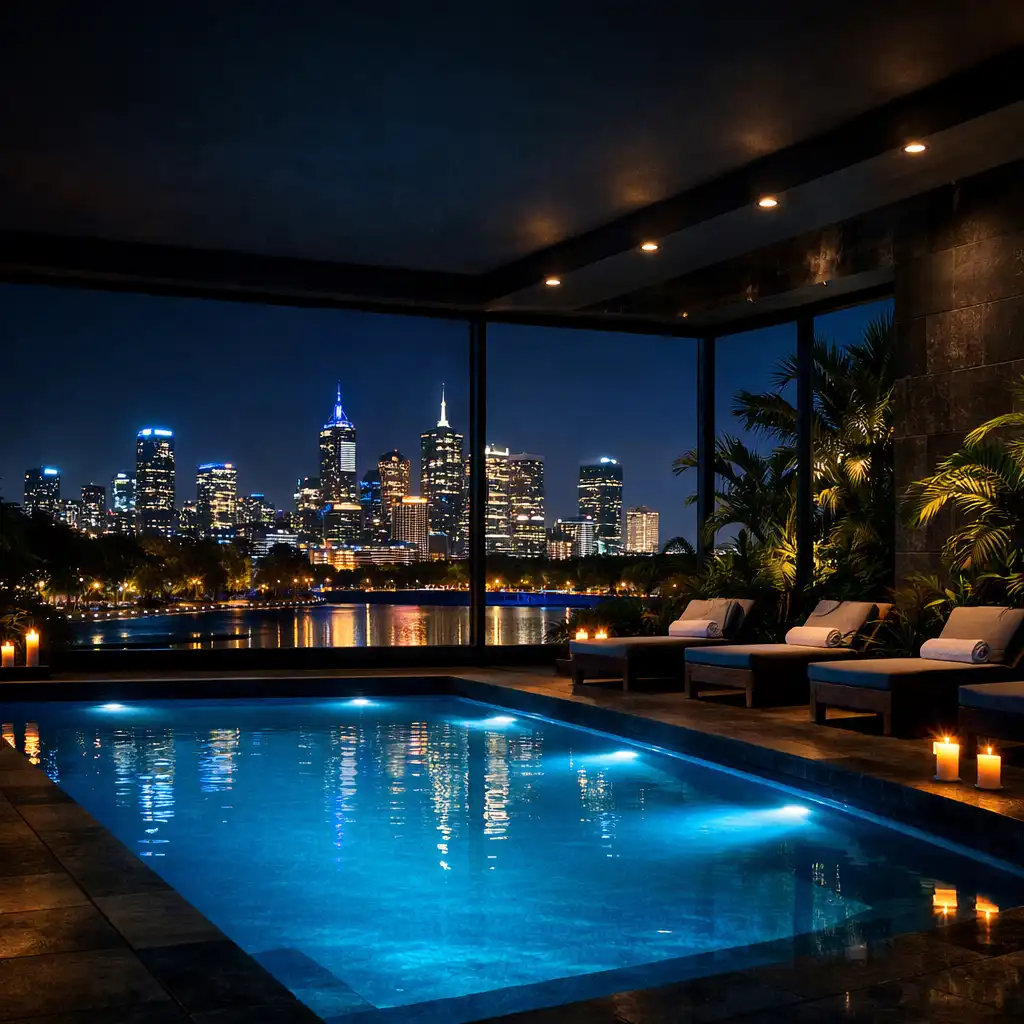 Luxurious indoor wellness pool at night surrounded by dark stone tiles and lush greenery, with the Melbourne skyline visible through a large window