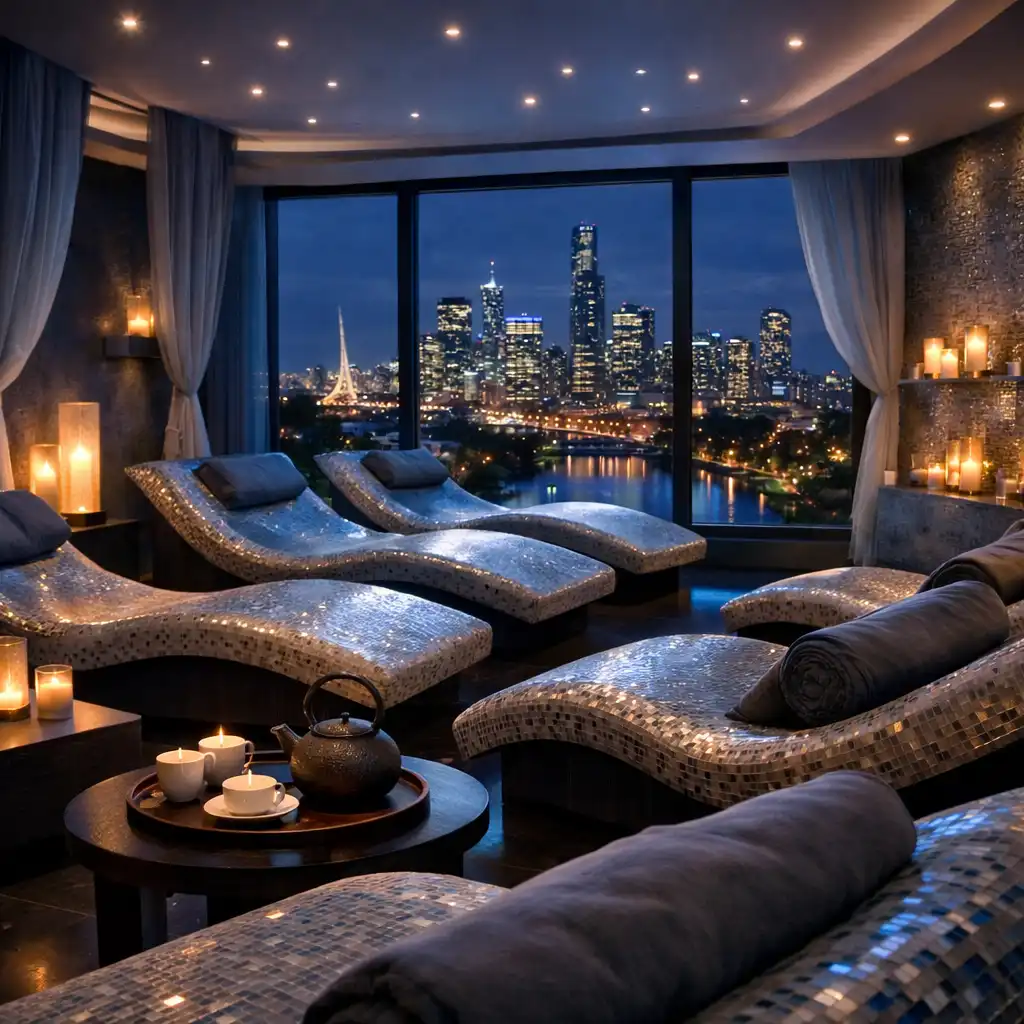 Serene spa relaxation lounge with heated loungers, soft lighting, and a view of the Melbourne skyline at night