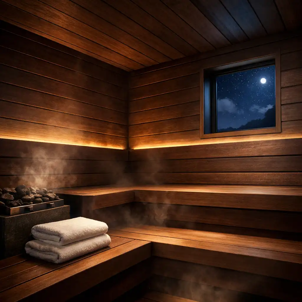 Modern dry sauna with dark wood paneling, soft indirect lighting, and a small window showing the night sky